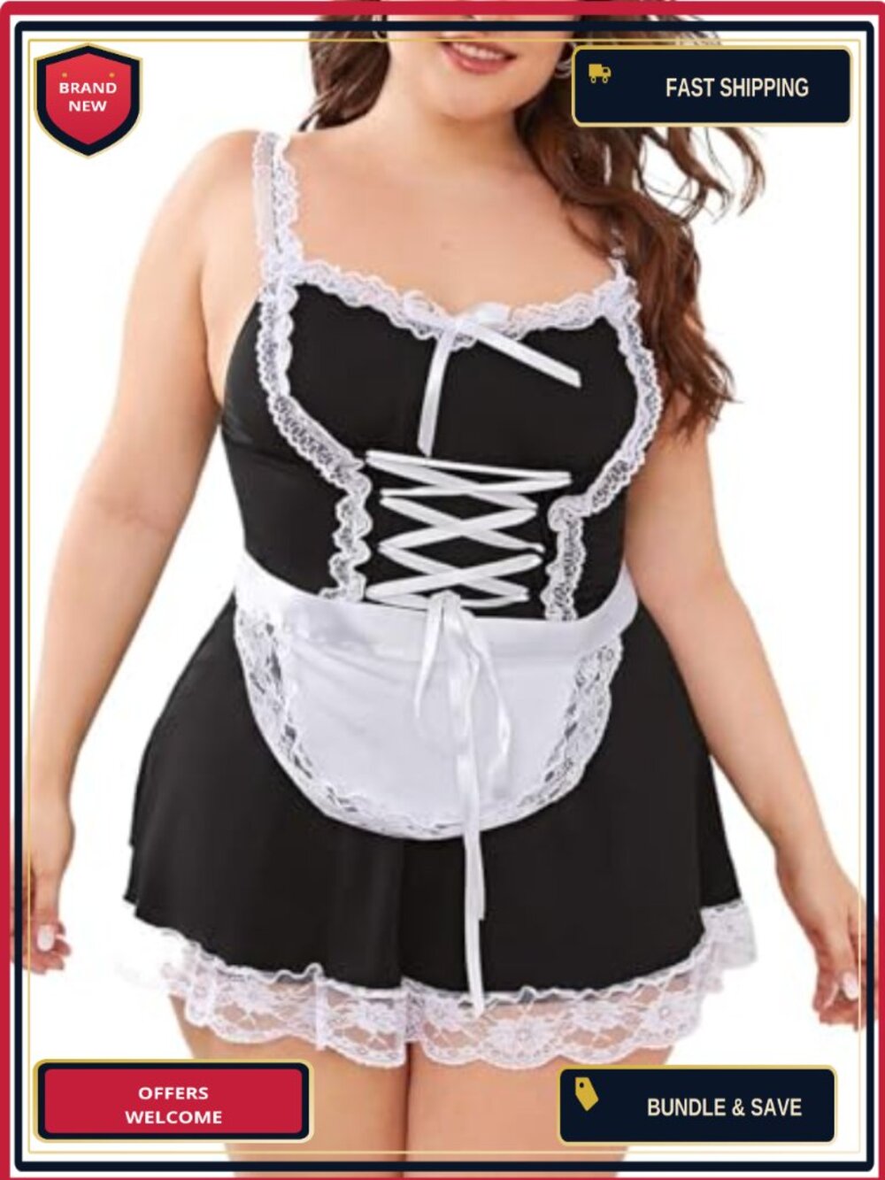 Plus Size French Maid Lingerie Set Lace Trim Anime Cosplay